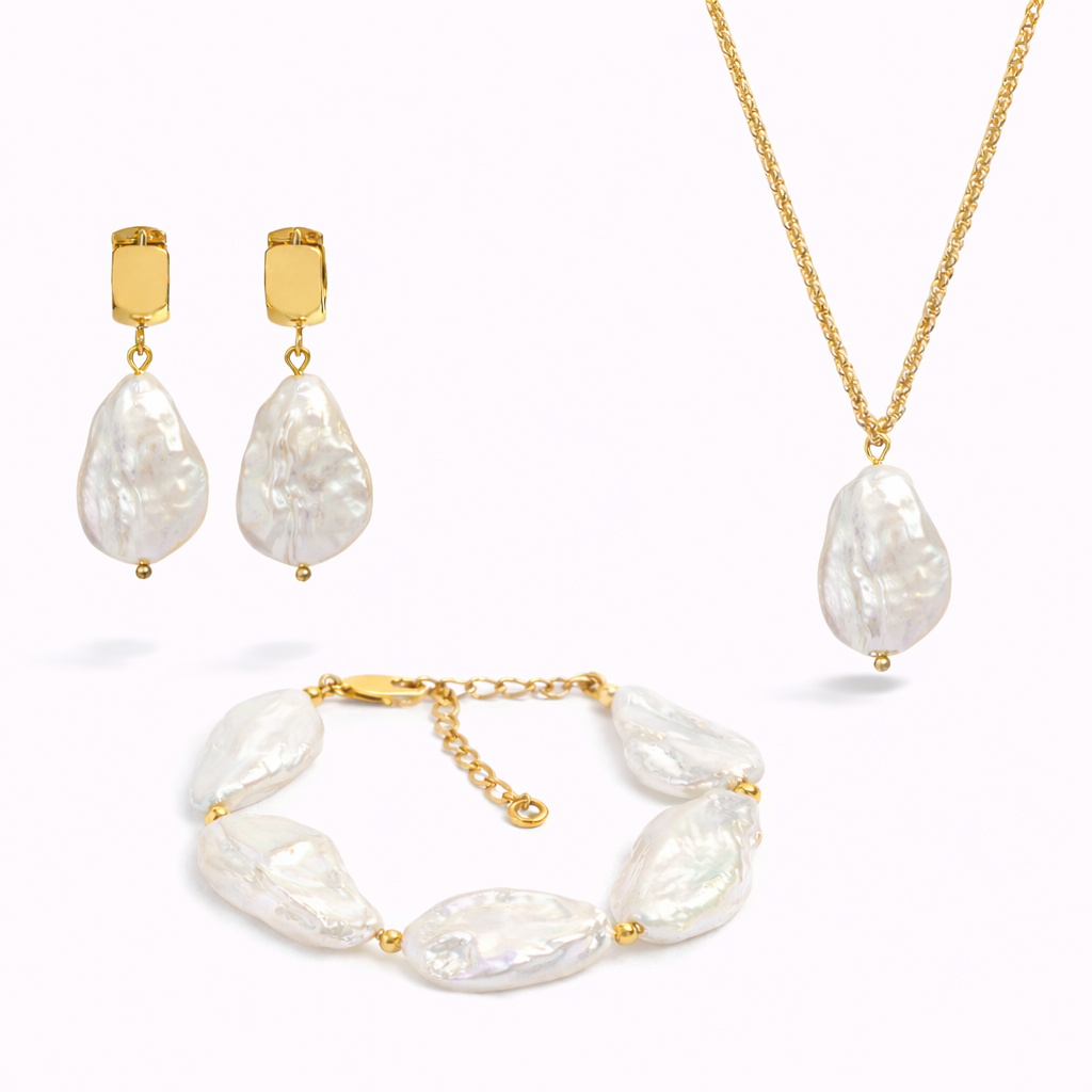 Shinju Gold Baroque Pearl Earrings + Bracelet + Necklace