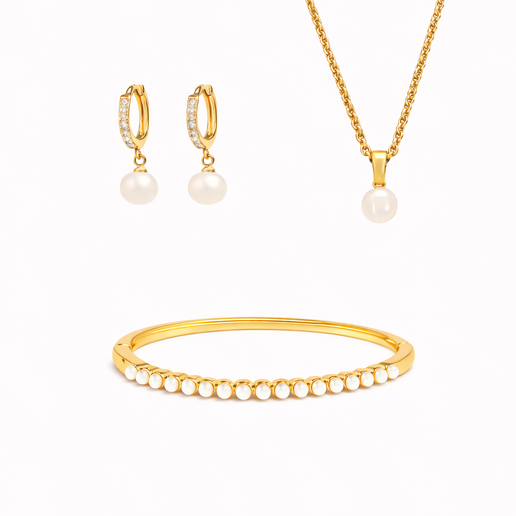 Shinju Gold Pearl Hoops+ Bangle + Necklace