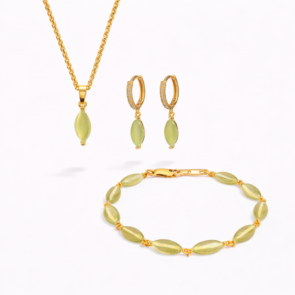 Nekomeishi Green Cats Eye Earrings + Bracelet + Necklace