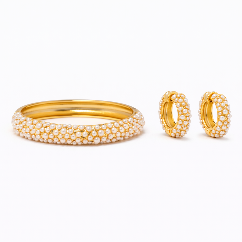Shinju Gold Chunky Pearl Bangle + Earrings