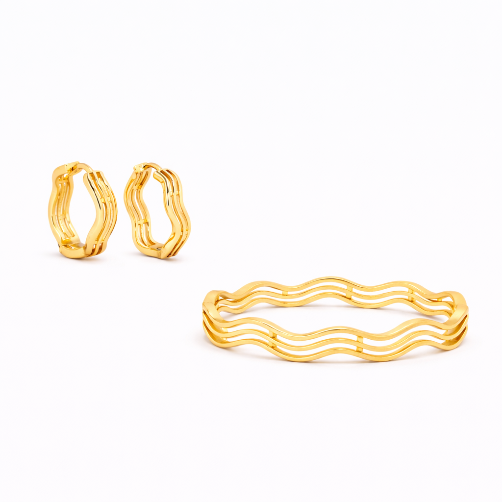Nami Gold Wave Earrings + Bangle