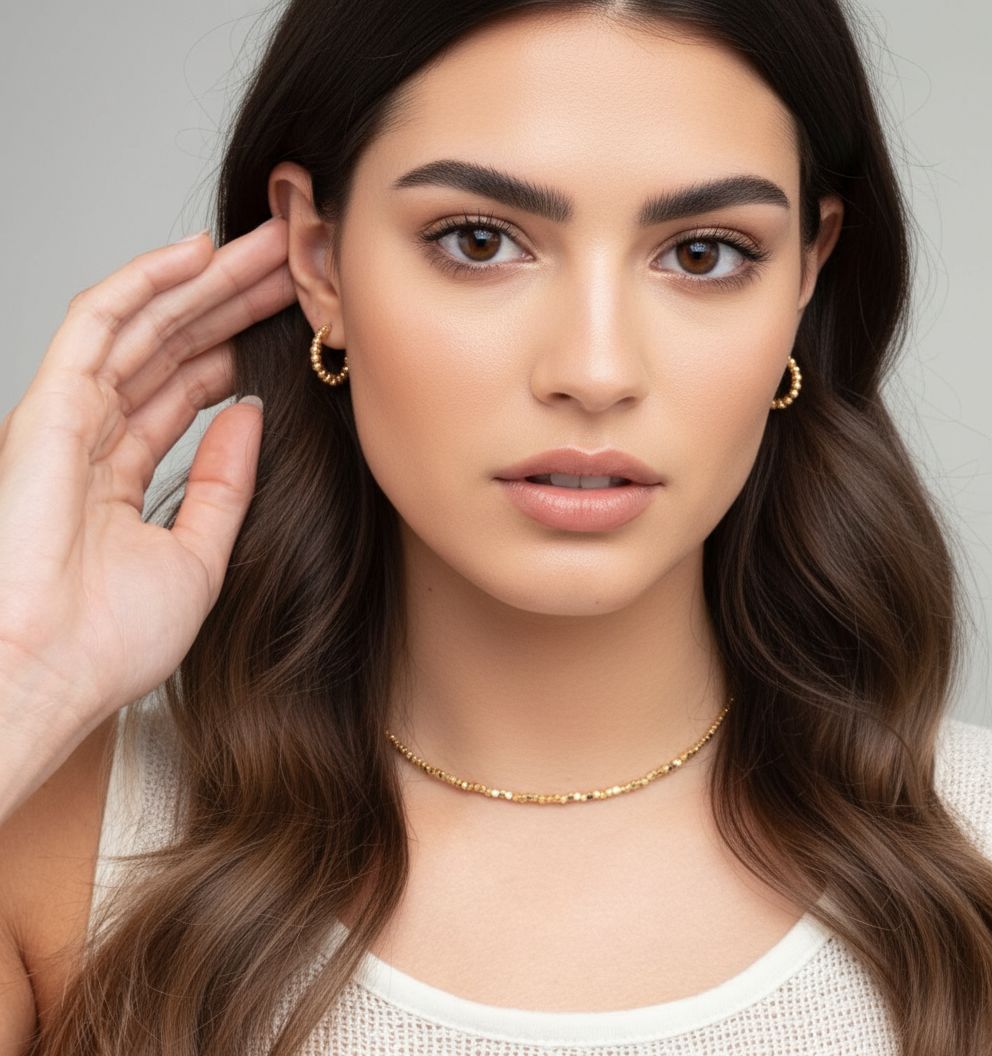 Shikaku_women_wearing_Gold_Small_Bead_Necklace_18K_Gold_Plated