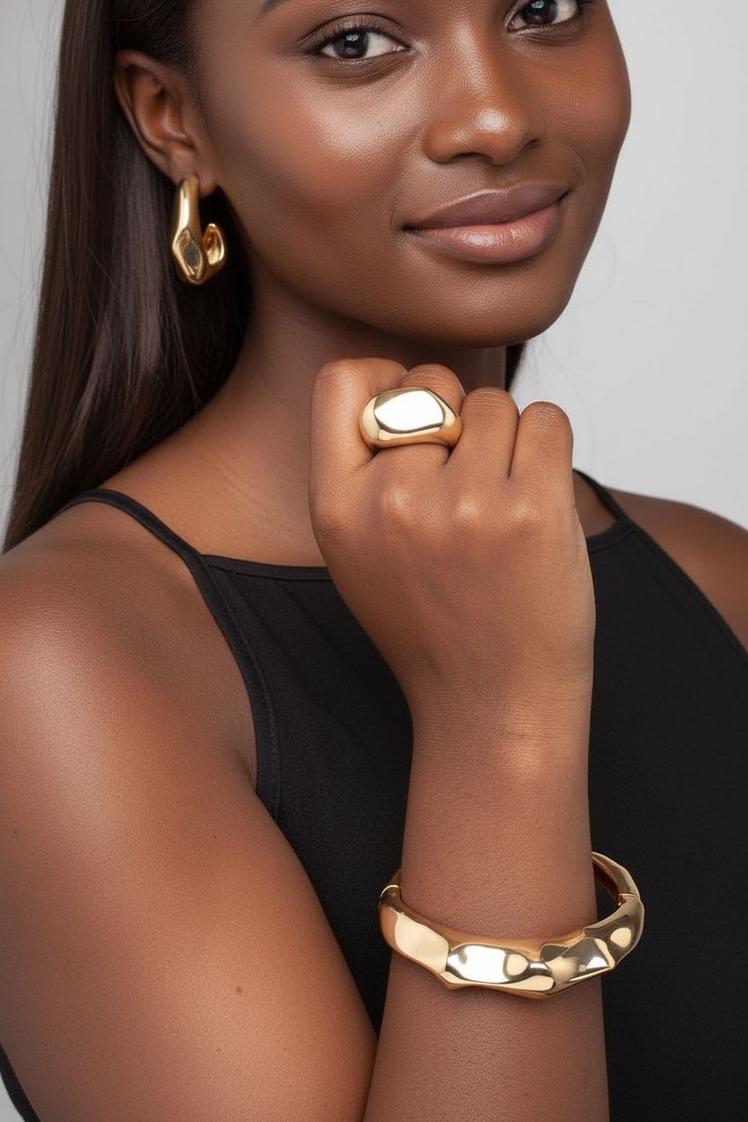 Woman wearing gold jewelry including earrings, ring, and bracelet against a neutral background