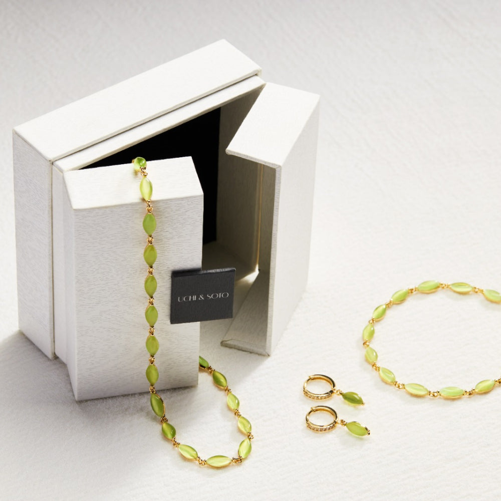 cats eye bracelet, earring and necklace with a luxury jewellery box uchi & soto