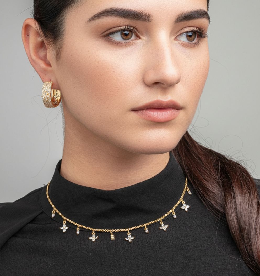 Kinmokusei Gold Floral Pave Hoops