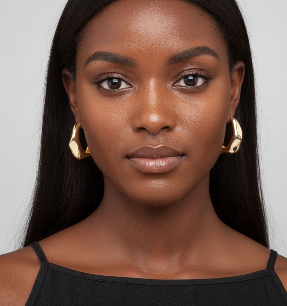 Woman wearing gold hoop earrings against a white background