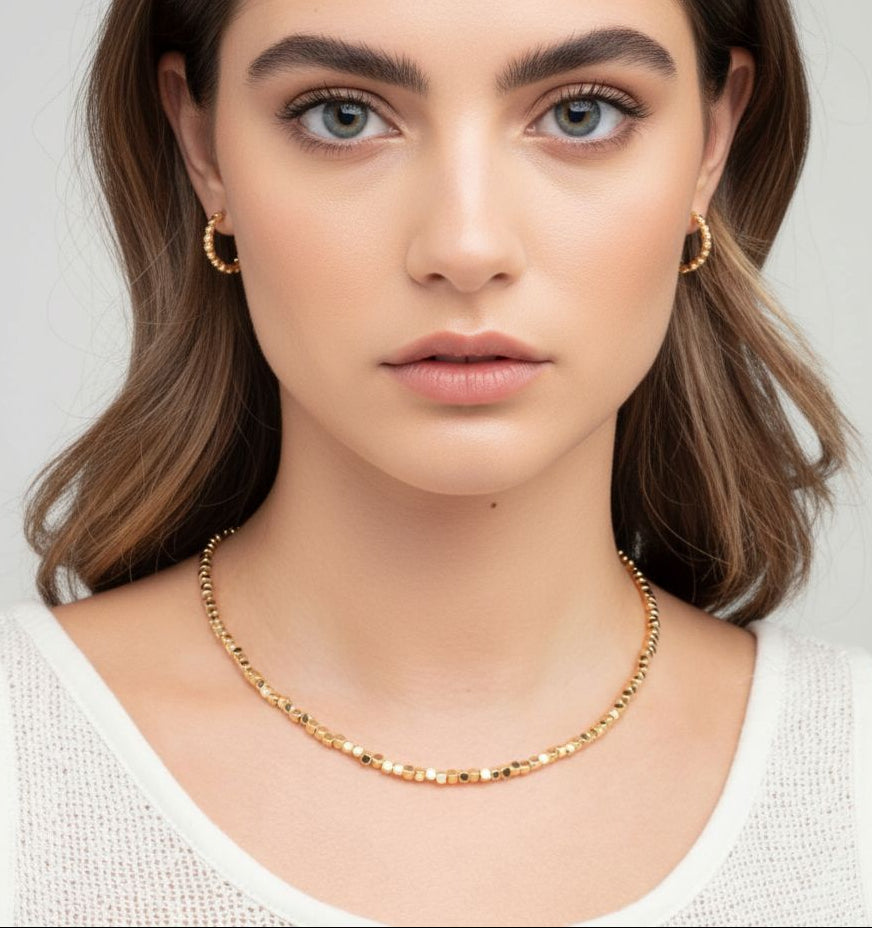 women_wearing_Gold_Medium_Bead_Necklace_18K_Gold_Plated_and_mini_beaded_hoop_earrings