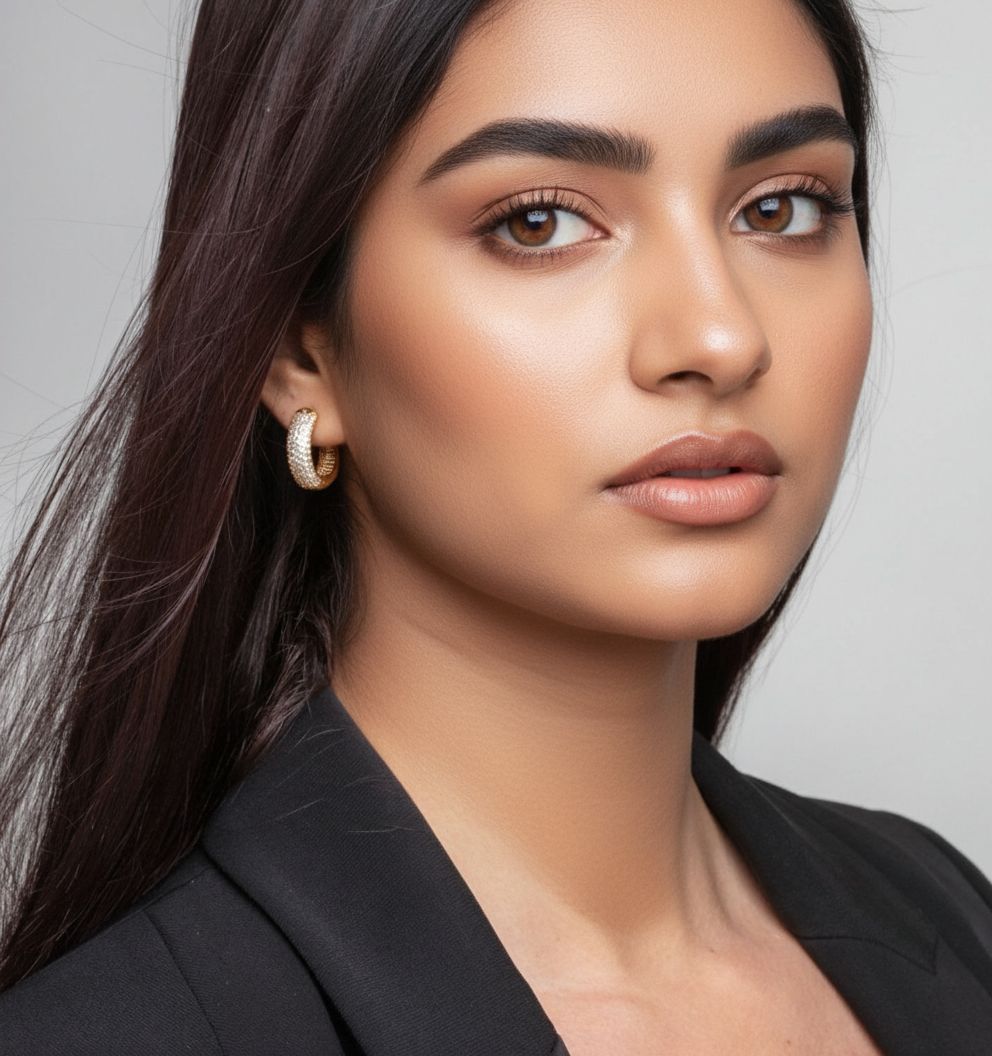 women_wearing_Gold_Pave_Earrings_18K_Gold_Plated_Cz_Rhinestones_1by_Uchi_Soto_Jewellery_with_black_blazer