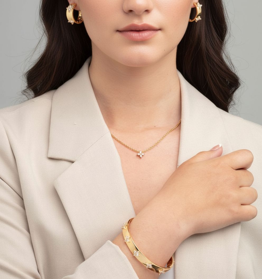 Kinmokusei Gold Floral Pendant Necklace 18K Gold Plated Cz Rhinestones 18K Gold Plated by Uchi & Soto Jewellery