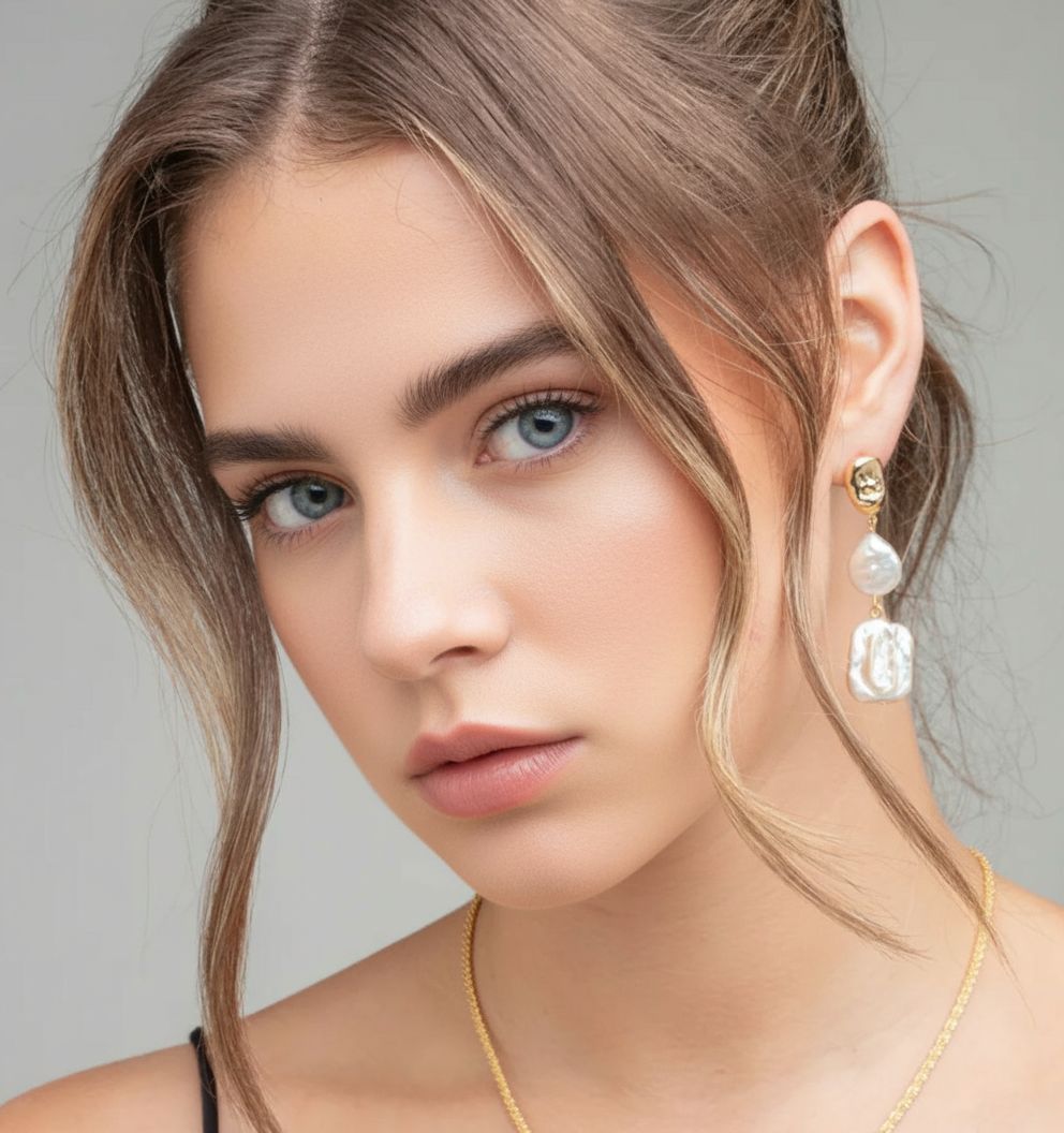 women wearing long baroque pearl drop earring 18k gold plated