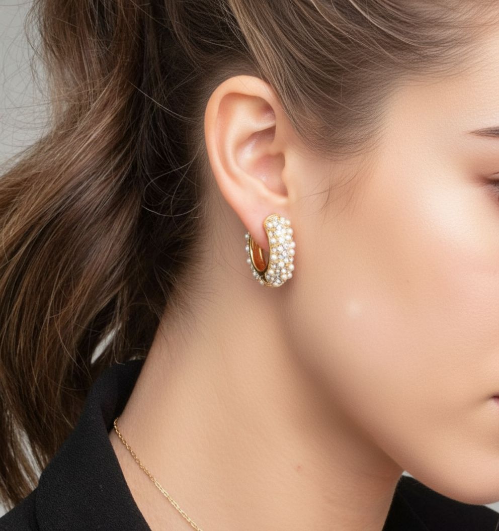 women wearing shinju pearl earring 18k gold plated uchi and soto