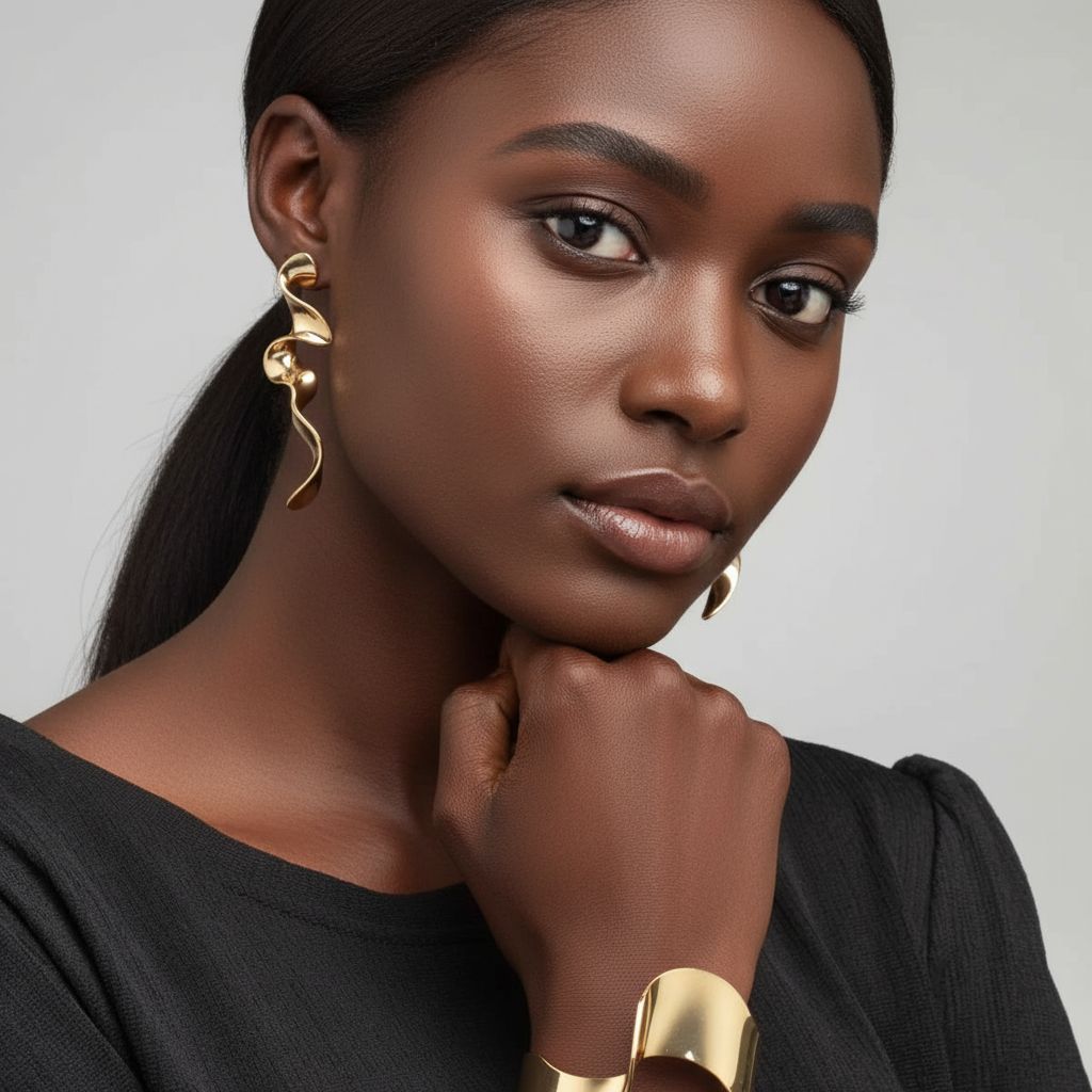 Woman wearing gold earrings and bracelet against a neutral background