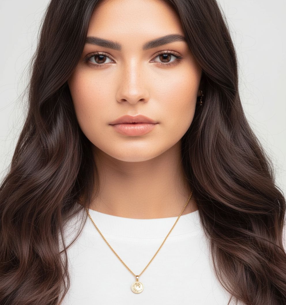 Woman with long, wavy hair wearing a gold necklace against a neutral background