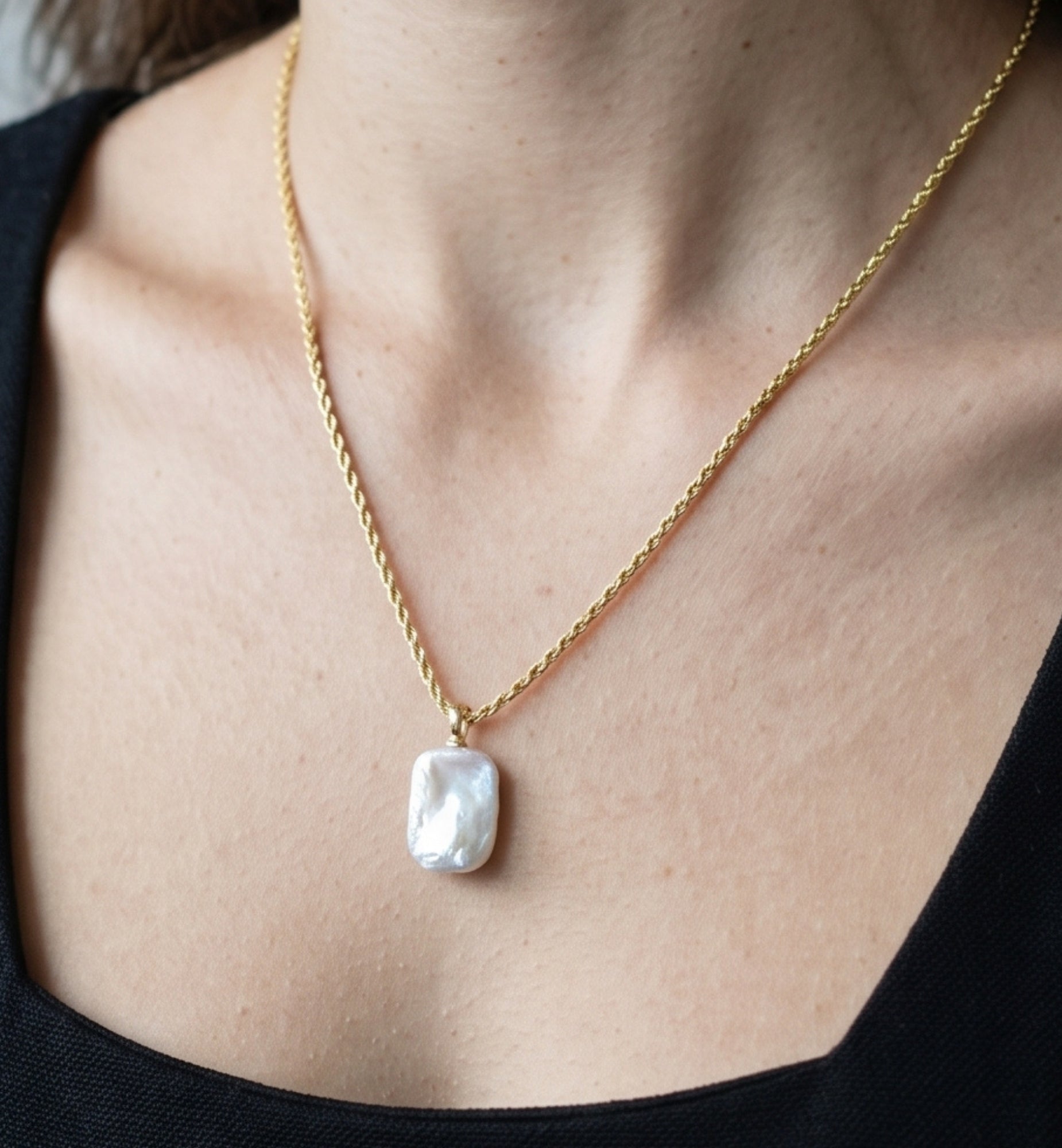 Shinju Gold Square Pearl Earrings + Necklace