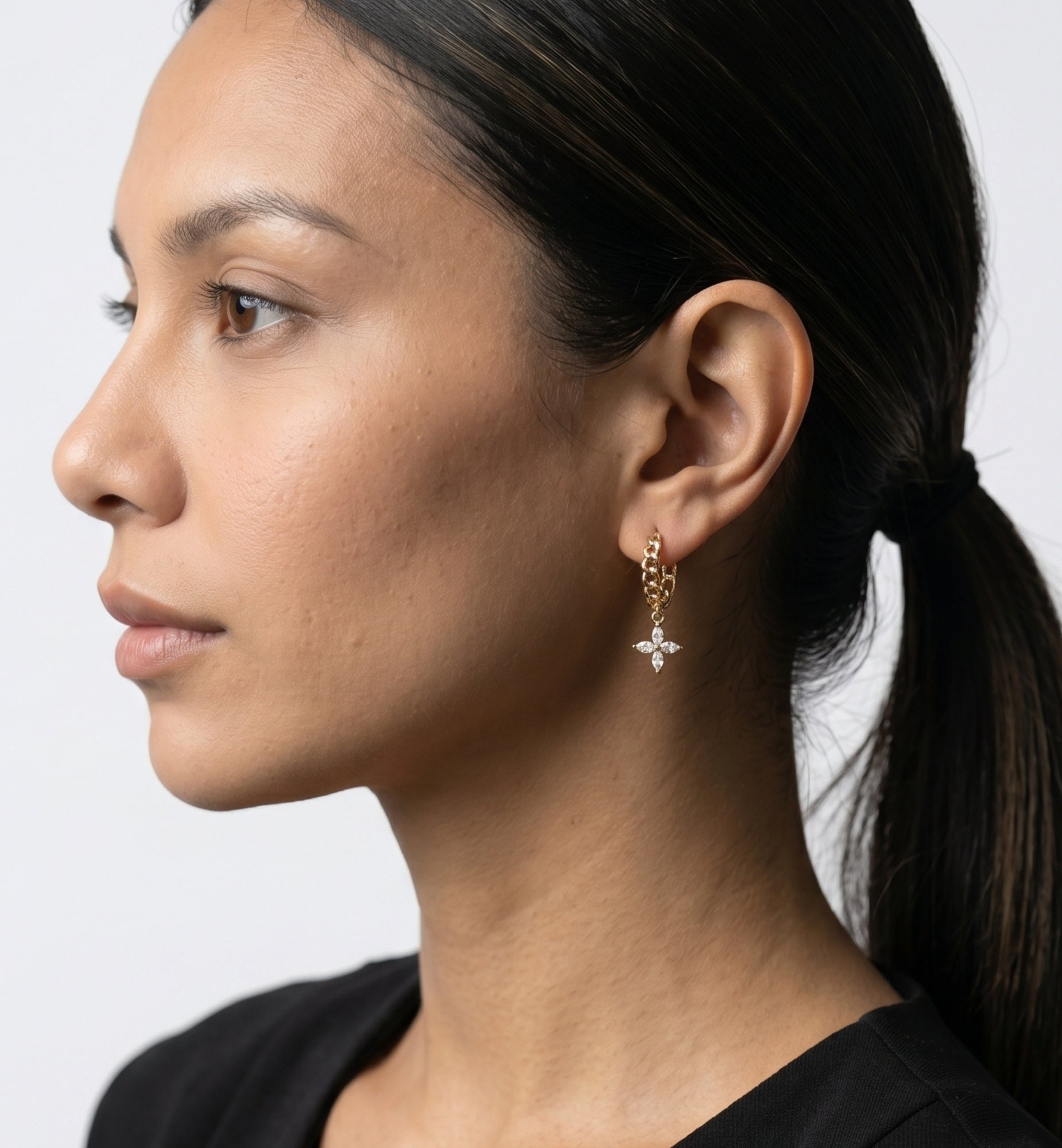 Kinmokusei Gold Flower Drop Chain Hoop Earrings