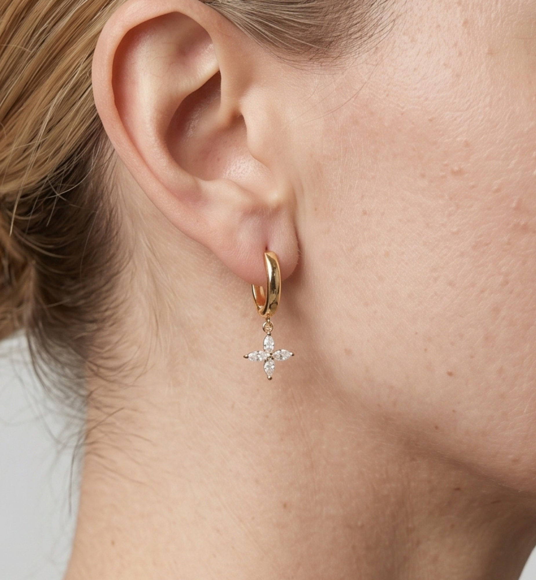 Kinmokusei Gold Flower Drop Huggie Hoop Earrings