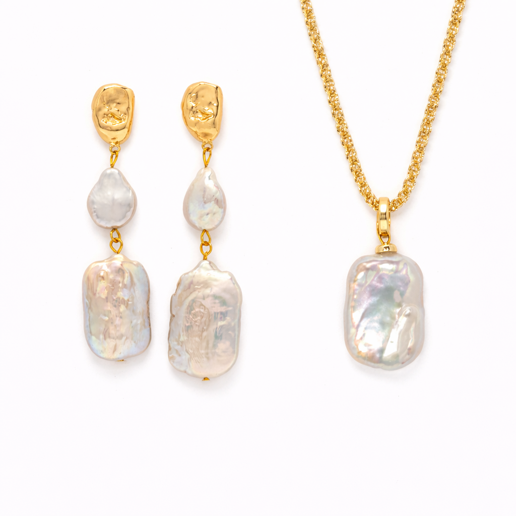 Shinju Gold Square Pearl Earrings + Necklace