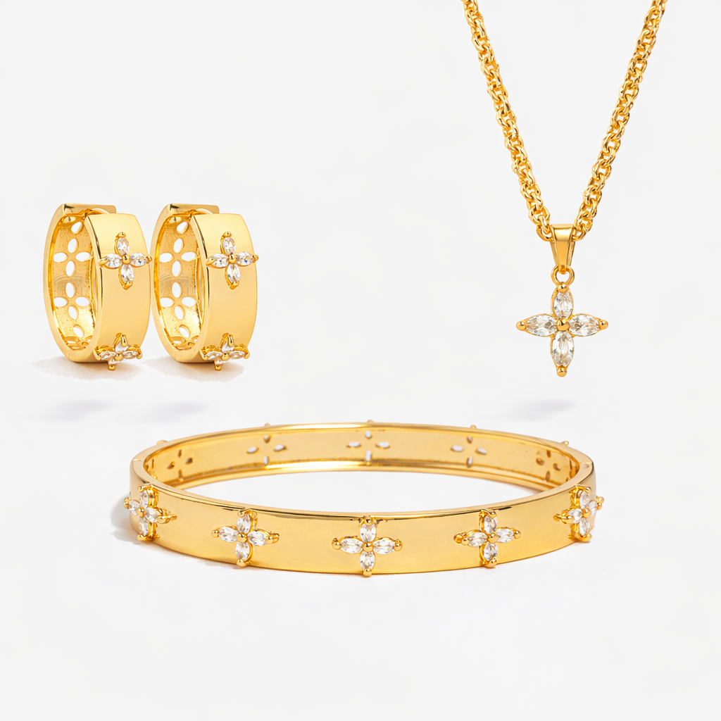 Kinmokusei Gold Floral Hoops Earrings + Bangle + Necklace