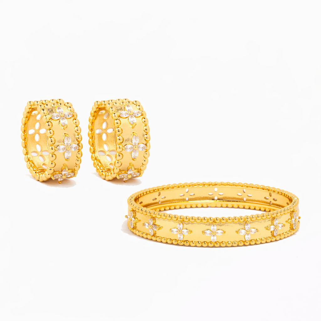 Kinmokusei Gold Bead Floral Earrings + Bangle