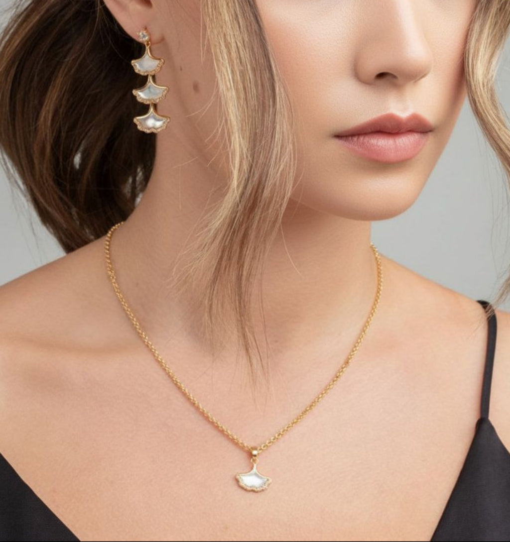 Gingko Gold Shell Earrings + Necklace
