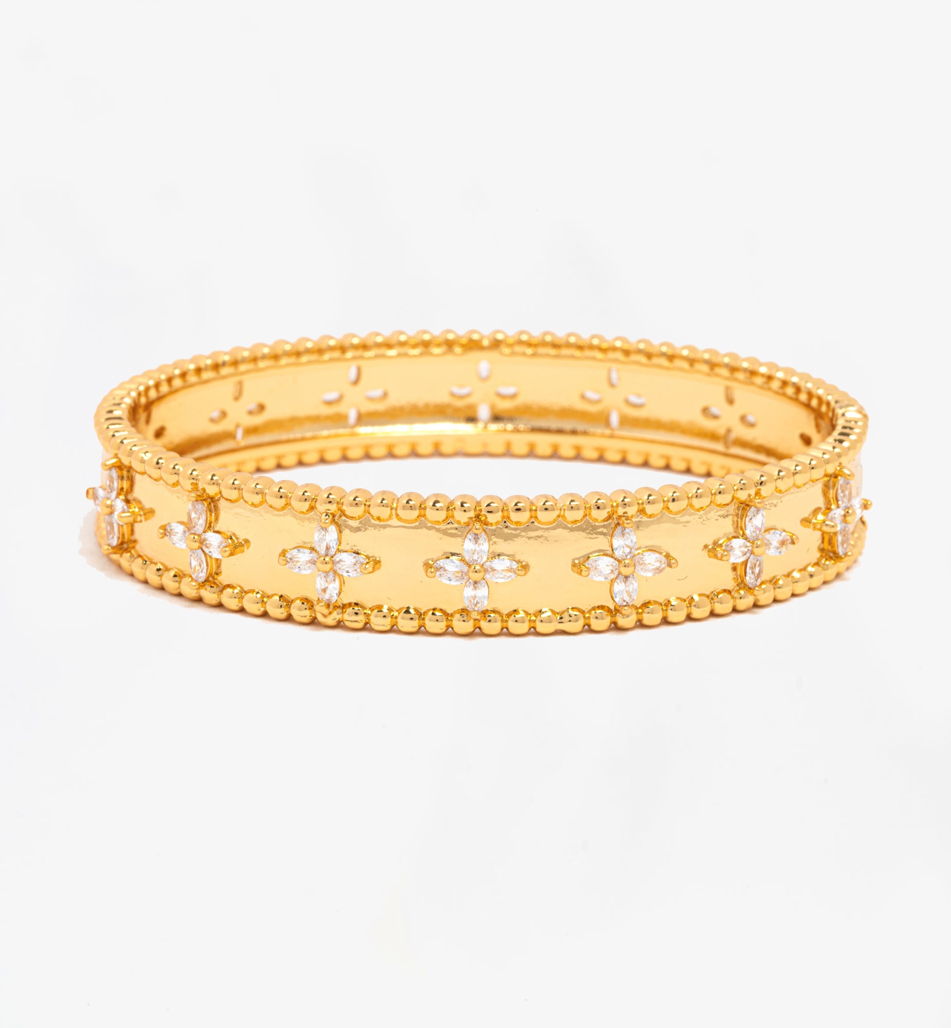 Kinmokusei Gold Flower Beaded Bangle Cz Rhinestones | 18K Gold Plated