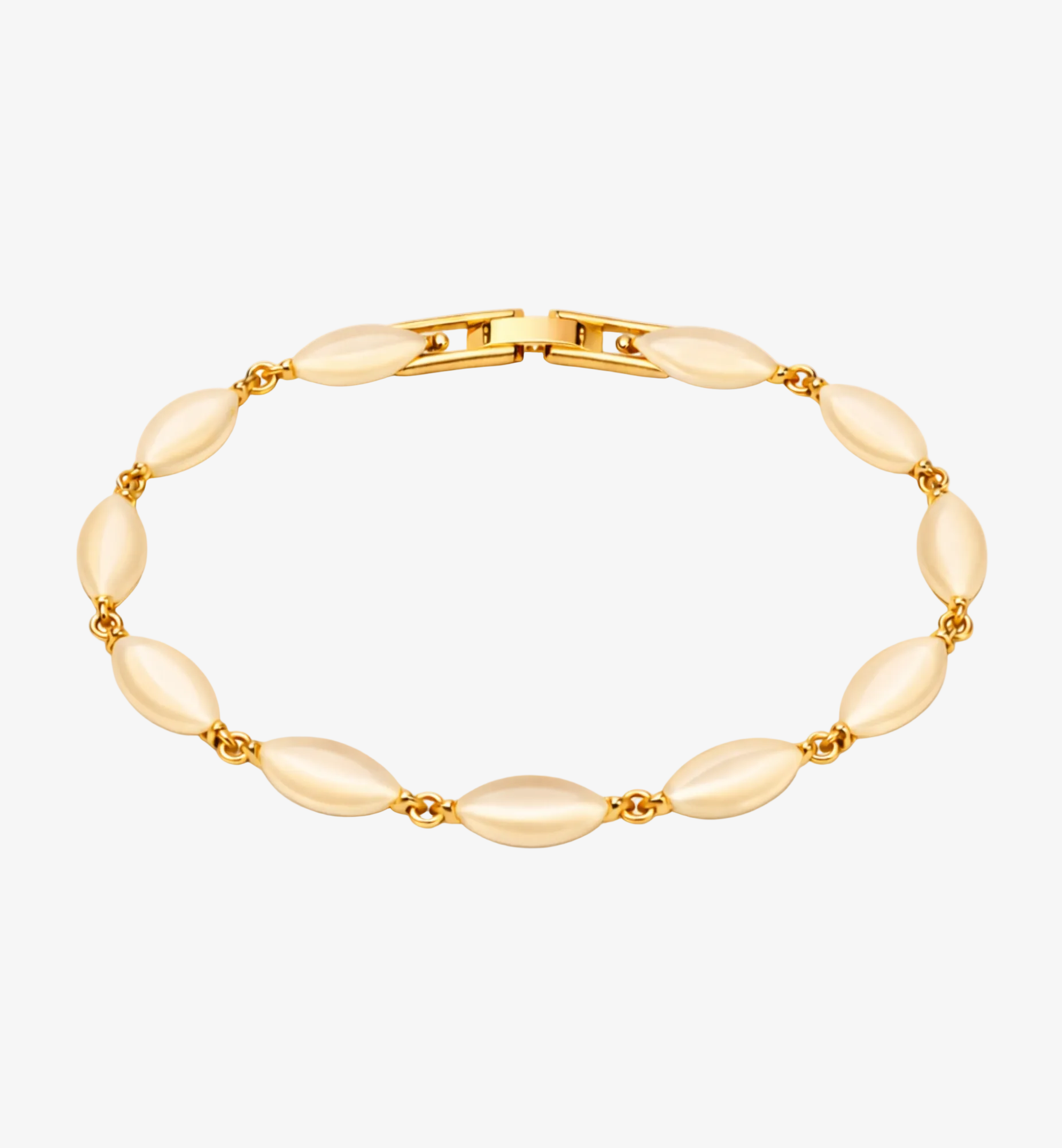 Gold bracelet with beige beads on a white background