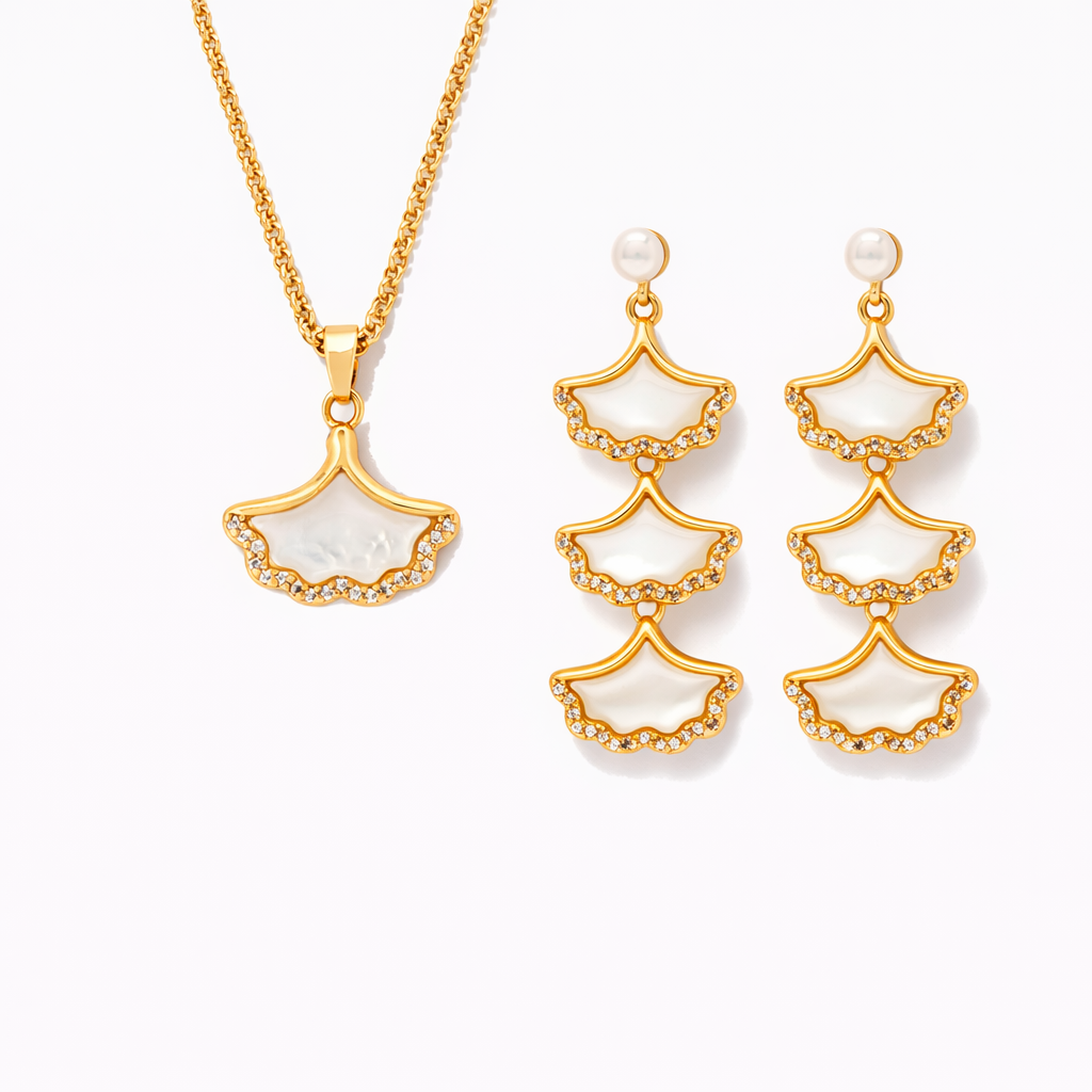 Gingko Gold Shell Earrings + Necklace