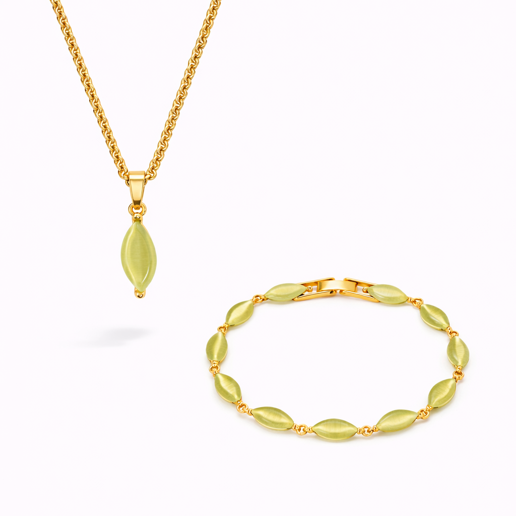 Nekomeishi Green Cats Eye Pendant Necklace + Bracelet