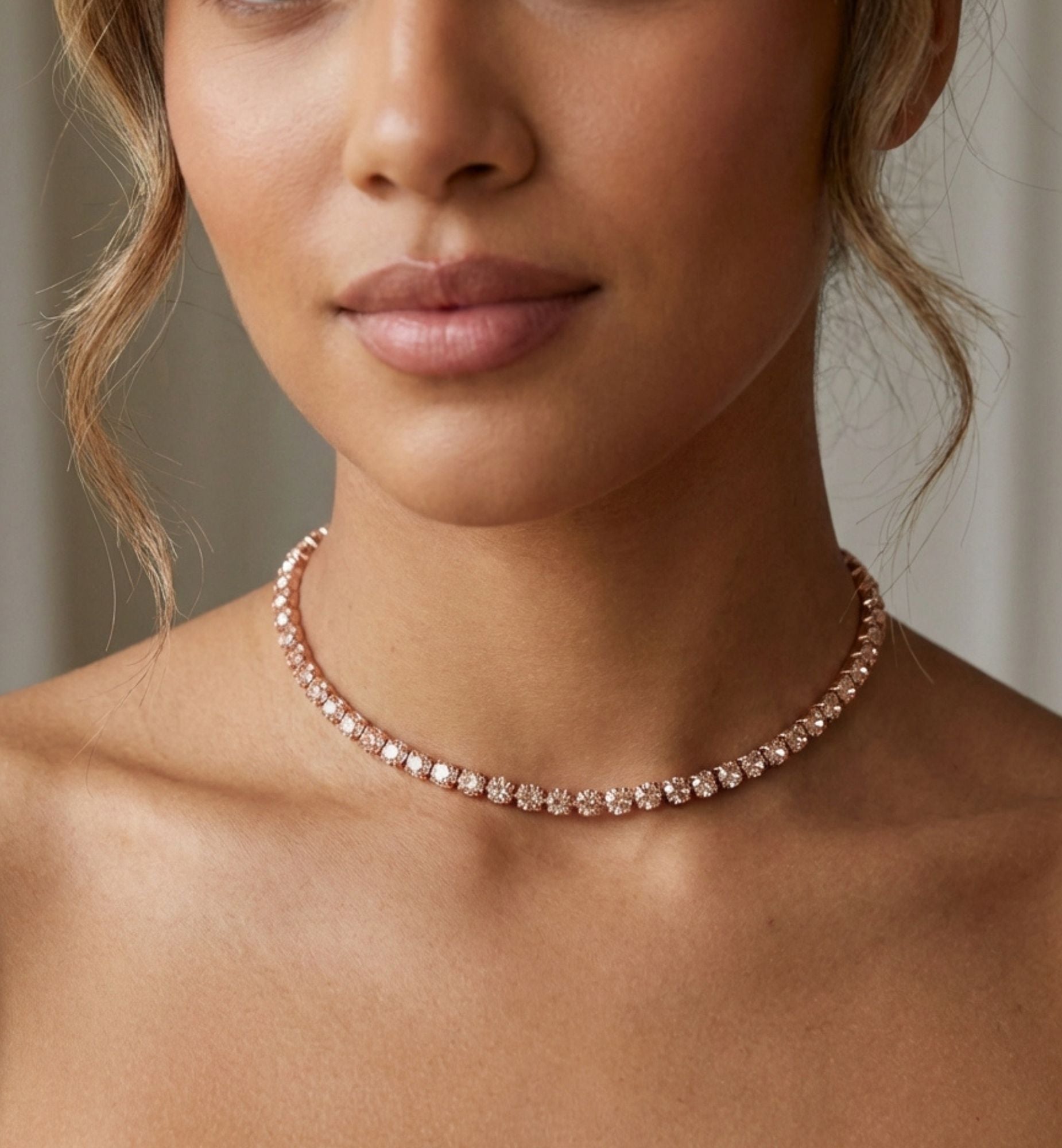 Shikaku Rose Stone Tennis Necklace on model neck