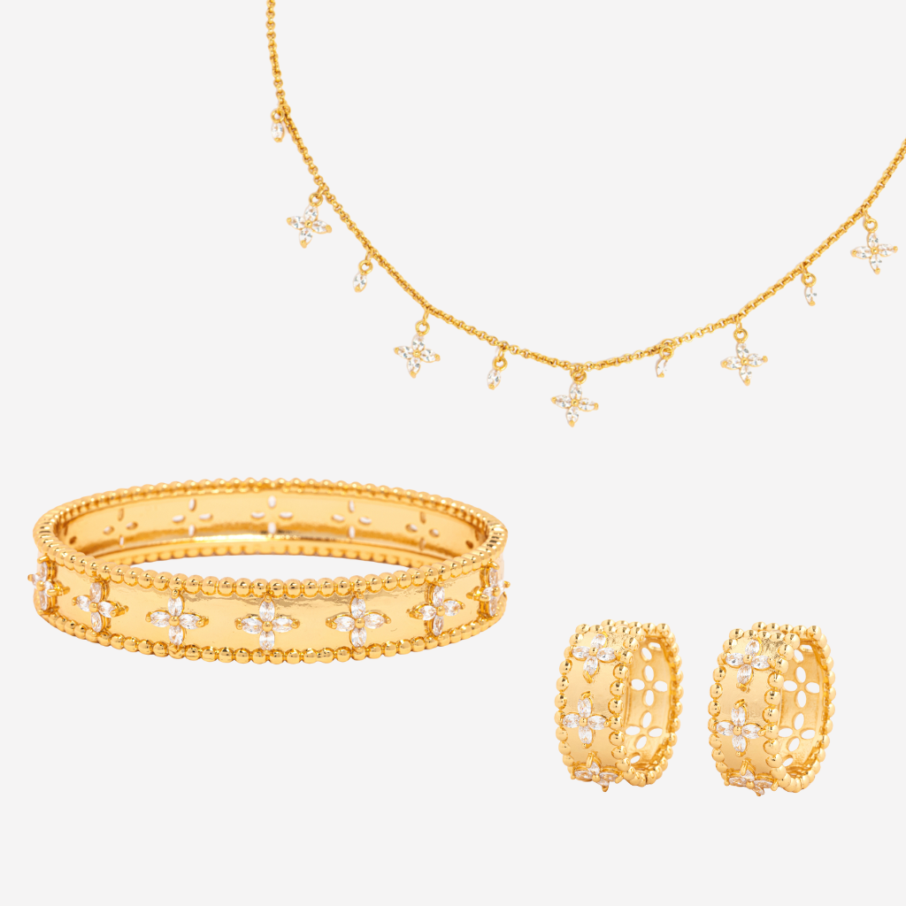 Kinmokusei Gold Floral Necklace + Bangle + Earrings