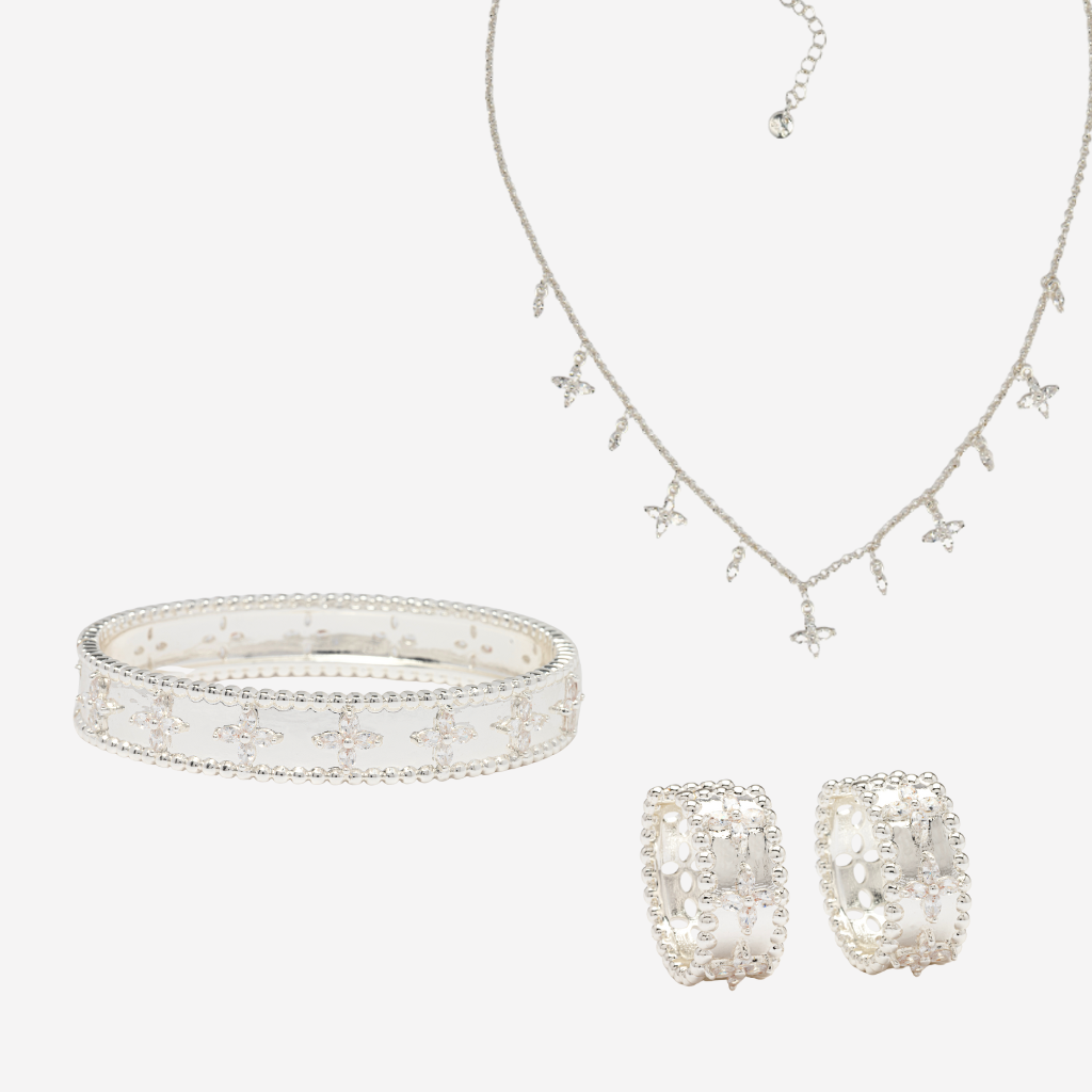 Kinmokusei Silver Floral Necklace + Earrings + Bangle