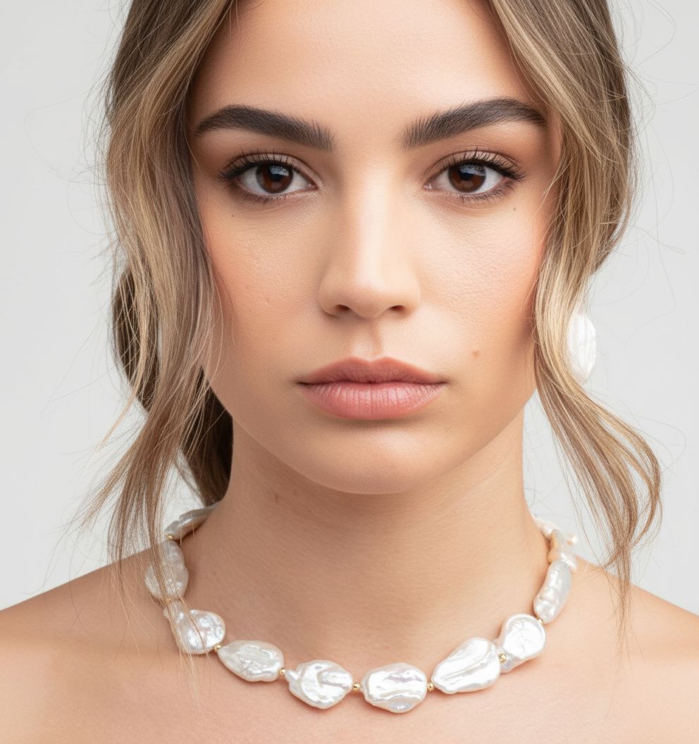 Woman wearing a pearl necklace against a plain background