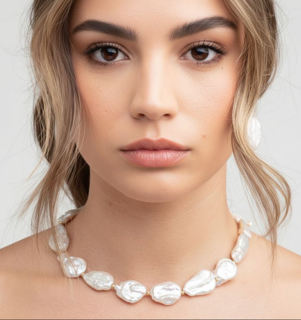 Woman wearing a pearl necklace against a plain background