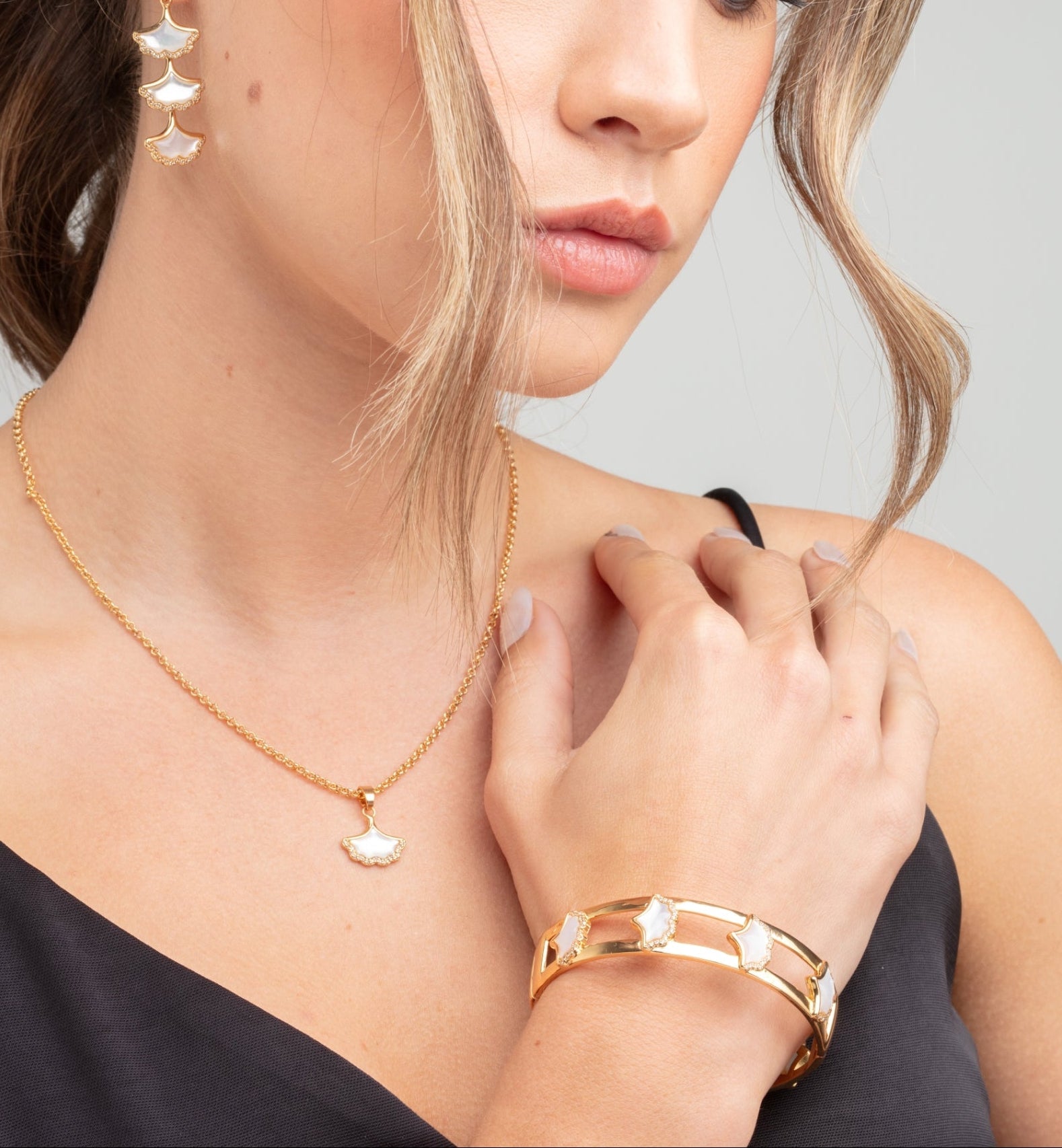 Gingko Gold Shell Earrings + Bangle + Necklace