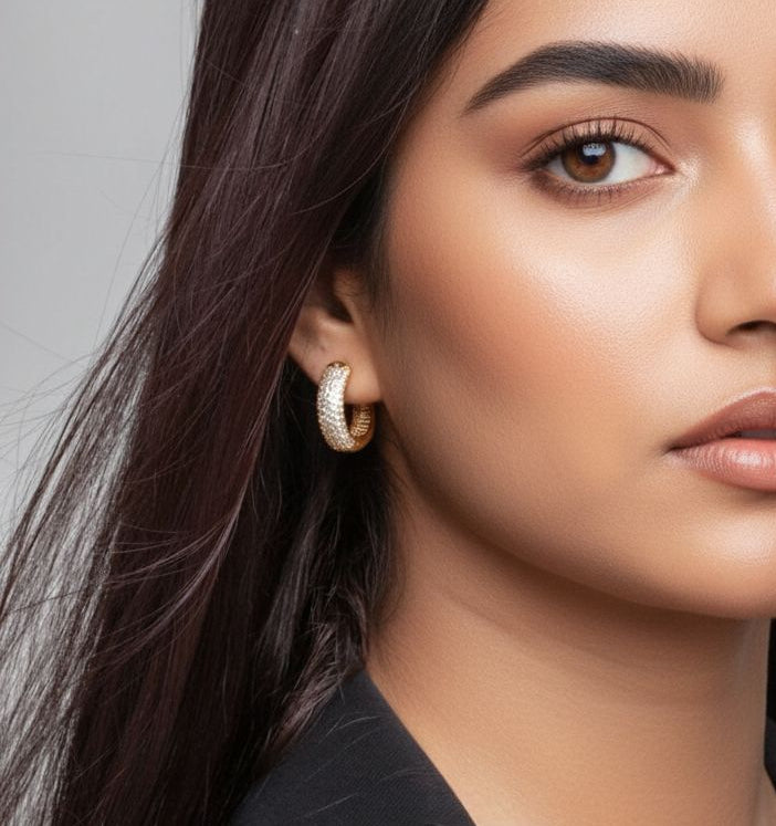 women_wearing_Gold_Pave_Earrings_18K_Gold_Plated_Cz_Rhinestones_1by_Uchi_Soto_Jewellery_with_black_blazer