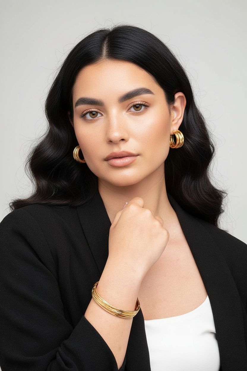 women wearing gold wave twist bangle and earring 18k gold plated